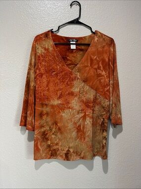 Only Nine Burnt Orange Tie-Dye V-Neck Long Sleeve Top Sz 2X Flowy Lightweight